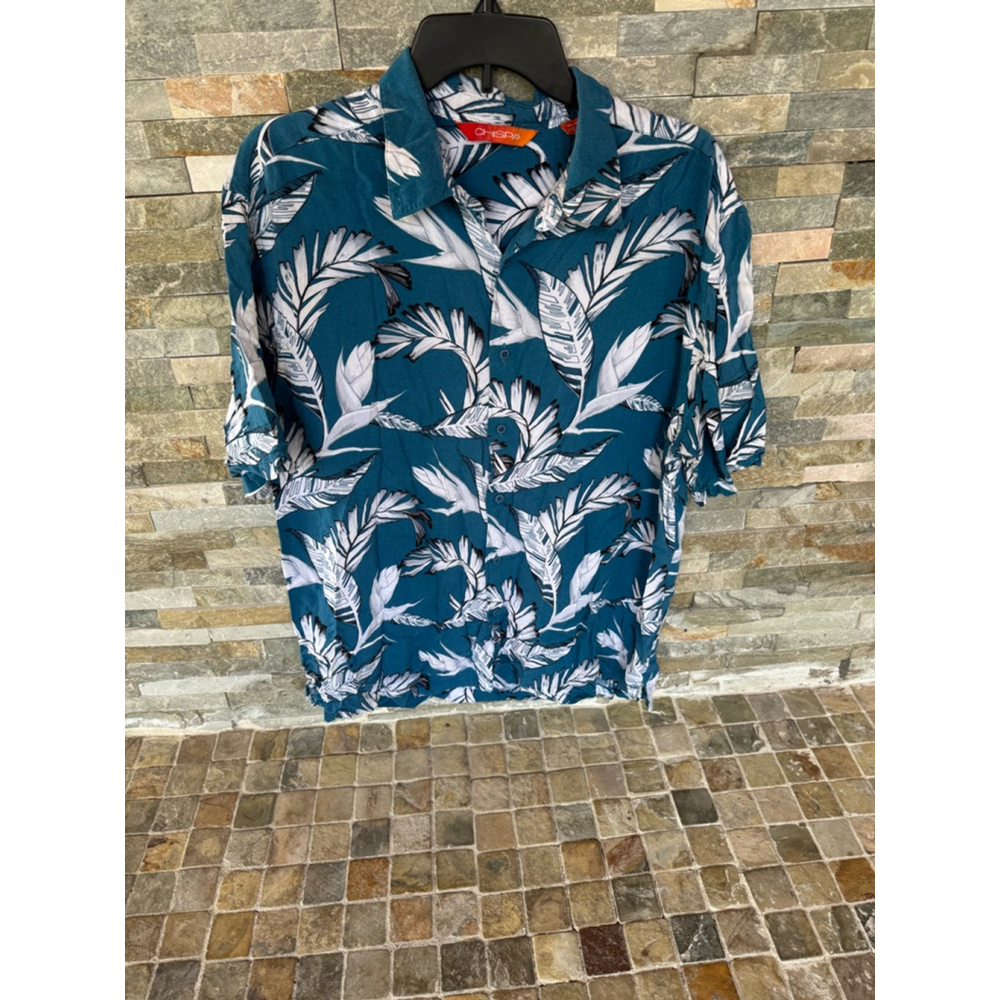 Men's Chispa Button Down Shirt XL Teal White Leaf Print Short Sleeve